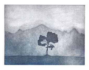 Lonesome Tree. Fine Art Original Etching print of a tree in a landscape