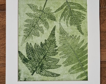 Original monotype print of four fern fronds printed in green ink