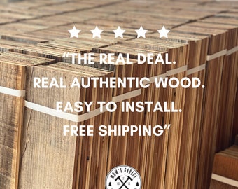 May include: A stack of reclaimed wood planks, with a five-star rating and the text "THE REAL DEAL. REAL AUTHENTIC WOOD. EASY TO INSTALL. FREE SHIPPING". The wood planks are a light brown color with a rustic finish. The text is in black and white.