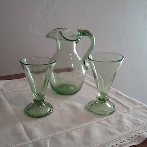 Vintage Green Glass Hand Blown Pitcher With Glasses.