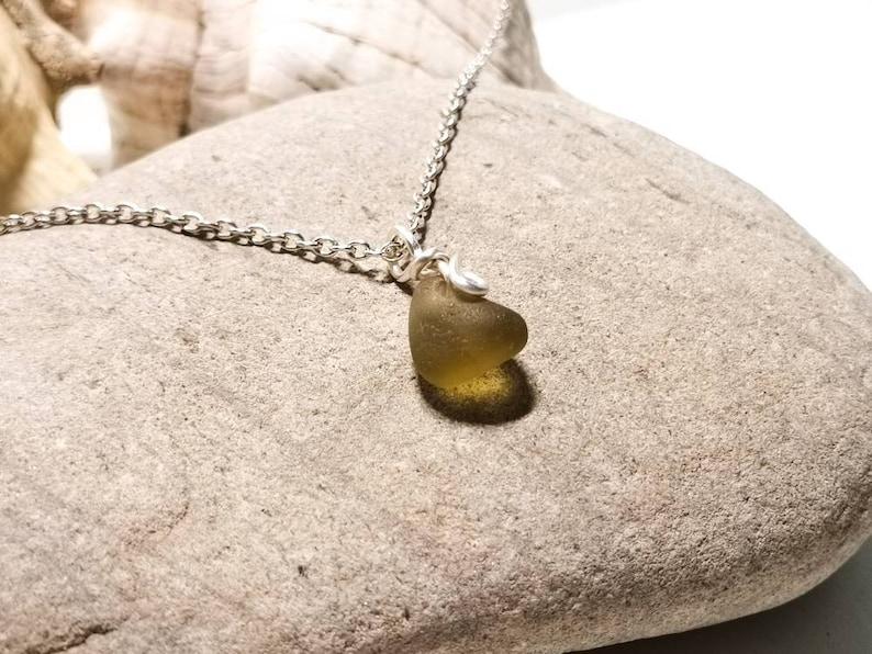 silver-plated wire necklace Yellow sea glass pendant