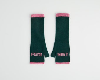 Feminist Fingerless Mittens in Forest Green and French Rose