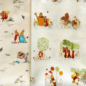 May include: A beige fabric with a repeating pattern of Peter Rabbit characters. The fabric features Peter Rabbit, Benjamin Bunny, and other characters from the Beatrix Potter stories. The fabric is perfect for quilting, sewing, and crafting.