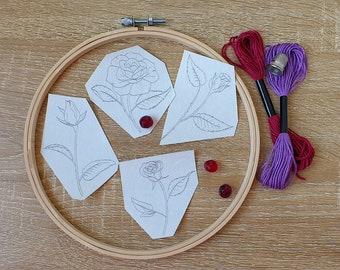 Set of 4 Roses water-soluble self-adhesive designs to embroider by hand - La Roseraie - Created and made in France