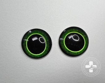 May include: Two black and green plastic safety eyes with a lime green ring around the pupil. The eyes are round and have a glossy finish.
