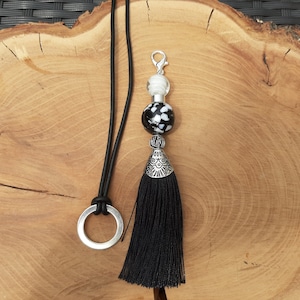 Kette Lederkette lang mit Wechselanhänger Quaste in Schwarz, Wechselkette