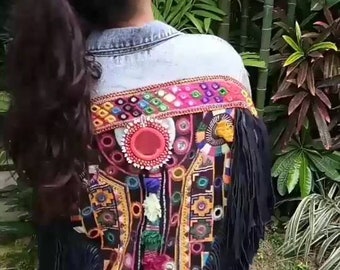SALE Embellished Denim Jacket, Unique One Of A Kind Jacket, Pashtun Up Cycled Jacket. Decorative Denim Boho Jacket