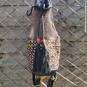 Leather Backpack, Plant Fibre Medicine Bag with Vintage Textile, Hemp Backpack with Vintage Textile, Hemp Bag, Genuine Leather and Hemp