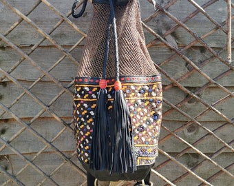 Leather Backpack, Plant Fibre Medicine Bag with Vintage Textile, Hemp Backpack with Vintage Textile, Hemp Bag, Genuine Leather and Hemp