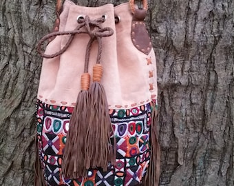 Soft Suede Medicine Bag, Bucket Bag, Vintage Textile Artisan Bag, Ethnic Bucket Bag, Suede Cross body, Vintage Textile Bucket Bag