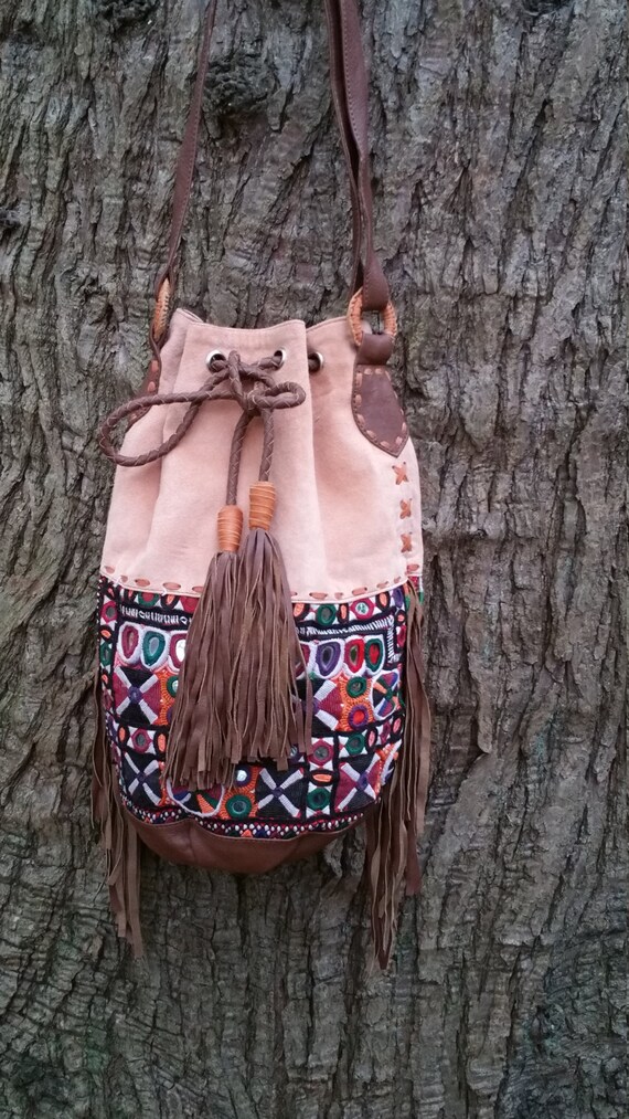 Soft Suede Medicine Bag, Bucket Bag, Vintage Textile Artisan Bag, Ethnic Bucket Bag, Suede Cross body, Vintage Textile Bucket Bag