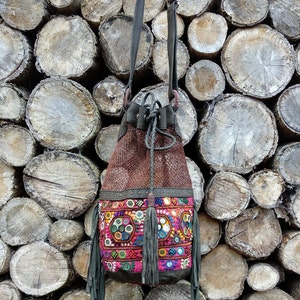 SALE Leather and Hemp Medicine Bag with vintage Textile, Fringed Artisan Bag, Hemp Fibre Bag