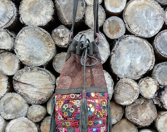 SALE Leather and Hemp Medicine Bag with vintage Textile, Fringed Artisan Bag, Hemp Fibre Bag