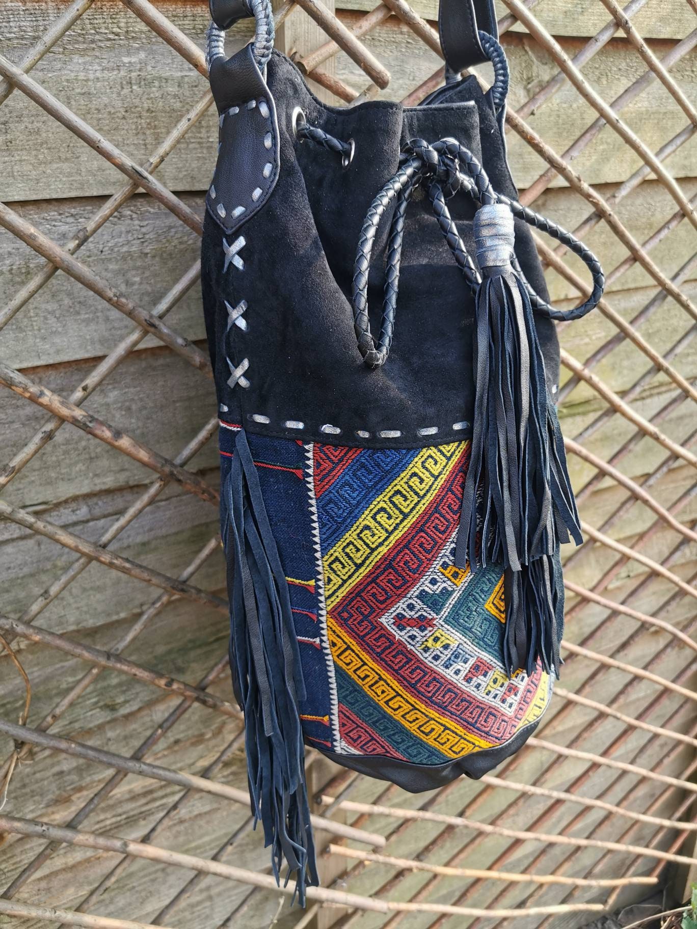 Soft Suede Medicine Bag, Bucket Bag, Vintage Textile Artisan Bag, Ethnic Bucket Bag, Suede Cross body, Vintage Textile Bucket Bag