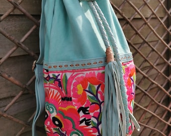 Genuine Suede Backpack, Vintage Textile Backpack, Boho Backpack, Unique Suede Bag, Hmong Backpack,