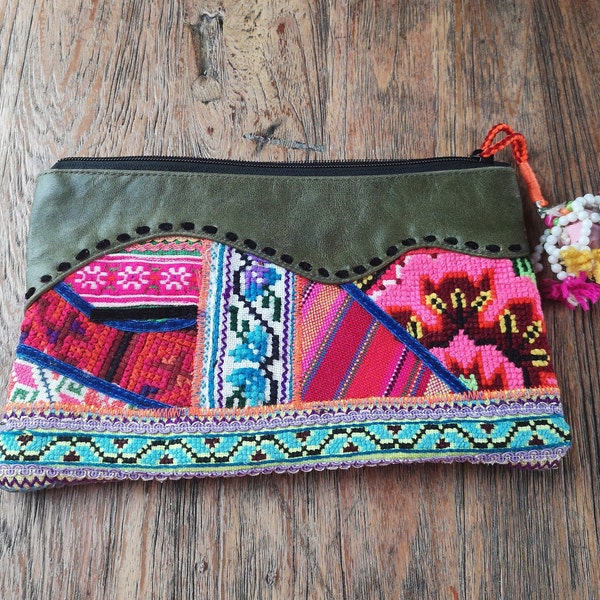 SALE Patchwork textile purse with leather trim, Leather and patchwork textile clutch, Hmong Textile make up bag