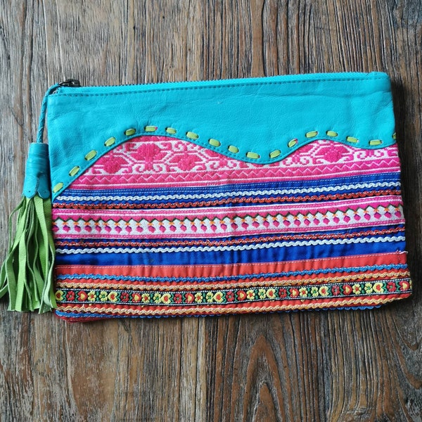 SALE Hmong Textile Purse with Leather Trim, Oversized Tassel Purse, Leather and Textile Clutch, Afghan Textile Clutch,  Ethnic Purse