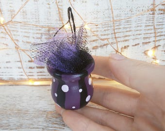 Ornamento calderone strega viola, calderone di legno, calderone gorgogliante per pozioni viola, ornamenti e decorazioni di Halloween, decorazioni autunnali