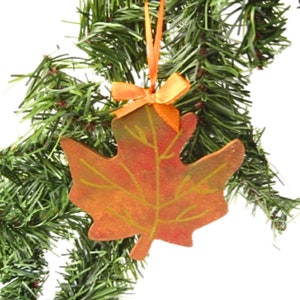 Wooden Maple Leaf Ornament, Autumn-Themed Ornaments, Christmas Decoration, Orange Red and Green Leaf with Gold Veins, Maple Decoration