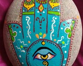 Mandala stone art.mandala rock. Meditation stone.Hamsa hand.fatima.middle eastern.boho.Buddha eye.Yoga.Om.Namaste.painted rock.TWOPI1DB