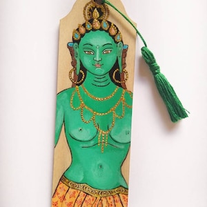 Hand painted  green Tara  on a wooden board. Buddhists wooden bookmark eco friendly.Buddisth bookmark.