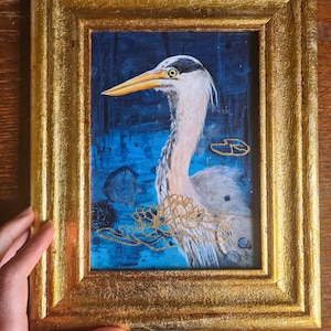 Botanical painting.Heron  frog painting. Frog and Heron original acrylic painting. ArtSeaGlassEcoShop.Still life decor