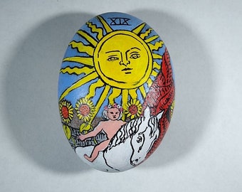 Tarot stone art spiritual.  Painted art stone Tarot Sun rock.paperweight. Tarot card rock sun.TWOPI1DB. ArtSeaGlassEcoShop.