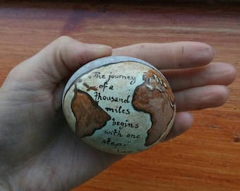 Hand painted globe map stone.stone art.gift for travel lovers painted pebble.beach pebble. rock.paperwaight.TWOPI1DB