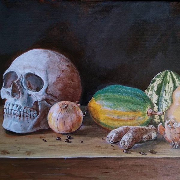 Vanitas painting.oryginal art skull painting . TWOPI1DB. still life painting skull. Dorota Borowiecka painting.Canvas acrylic skull painting