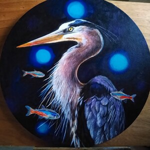 Viaje de neón con garzas iluminadas por la luna. Pintura de garzas. Pintura acrílica original de garzas. Decoración botánica.