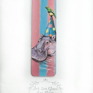 Hand painted  hippo moon bookmark on a upcucled wooden board. wooden bookmark eco friendly.Hippo bookmark.