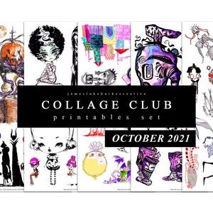 Könnte beinhalten: Ein Set druckbarer Collage-Kunstdrucke mit skurrilen Illustrationen in verschiedenen Stilen. Die Drucke zeigen eine Reihe von Charakteren und Objekten in einer Mischung aus Farben. Der Text "COLLAGE CLUB printables set OCTOBER 2021" wird angezeigt.
