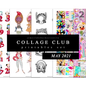 Könnte beinhalten: Ein digitales Collage-Blatt mit einem farbenfrohen, skurrilen Thema. Das Blatt zeigt Illustrationen von Comicfiguren, Zahlen und geometrischen Formen. Der Text "COLLAGE CLUB printables set MAY 2021" wird in der Mitte des Blattes angezeigt.
