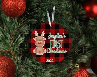 Baby's First Christmas Ornament - Personalized Red Plaid Reindeer Ornament - Baby's 1st Ornament - New Baby Christmas Gift - Baby Gift