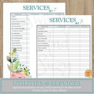 May include: A printable checklist for utilities and services. The checklist is divided into two columns, one for services and one for companies. The services include water, electric, waste/trash disposal, gas/propane, septic/pumping, cell phone provider, TV/cable/internet, pet groomer, dog veterinarian, cat veterinarian, dry cleaning, lawn service, house cleaning, window cleaning, and more. The companies column is blank for you to fill in.