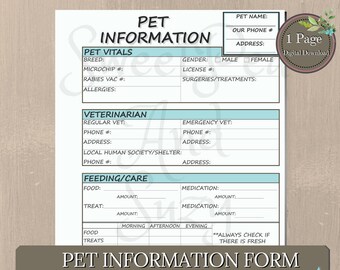 Pet Sitter Info Sheet Printable Pet Info Sheet Pet Sitter