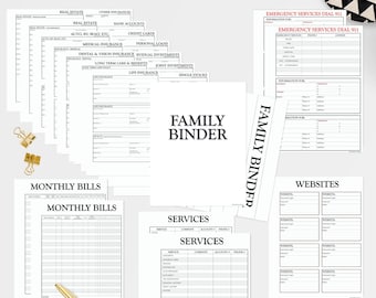 May include: Printable family binder with sections for real estate, insurance, monthly bills, services, websites, and emergency contact information. The binder is 8.5 inches by 11 inches and is letter size.