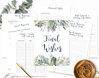 Final Wishes, Printable end of Life Planner to fill in your Funeral or Memorial preferences, Arrangements, Helpful Check List Included, 106