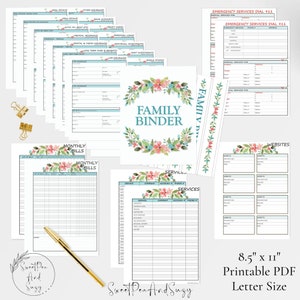 May include: Printable family binder with floral design. The binder includes pages for tracking monthly bills, services, websites, and emergency contact information. The pages are 8.5 inches by 11 inches.