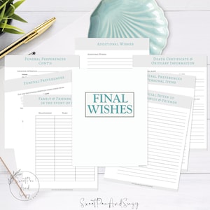 Letzte Wünsche, druckbarer End of Life Planner, teilen Sie Ihrer Familie Ihre Wünsche für Beerdigung oder Gedenkstätte, Arrangements, hilfreiche Checkliste Inc . mit