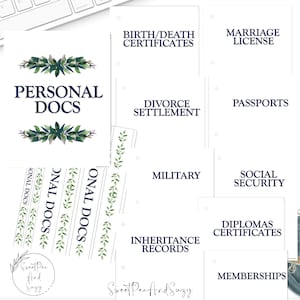 Puede incluir: Organizadores de documentos blancos con texto azul marino, etiquetados como "Documentos personales", "Certificados de nacimiento/defunción", "Licencia de matrimonio" y más. Hay detalles decorativos de hojas verdes. El logotipo de Sweet Pea And Suzy es visible.