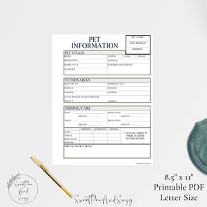 Pet Information Form, Pet Sitter, Dog Walker, House Sitter, Pet Emergency Form ~ Vital Information on your pet. #101