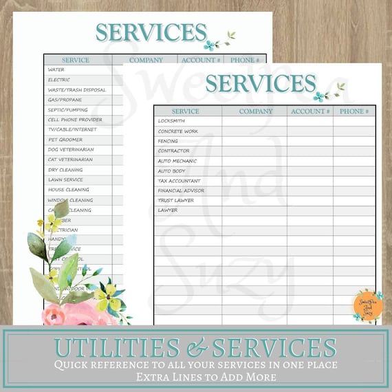 Utilities & Services Contact Form - Family Binder ~ Quick reference to your utilities and services! No need to search for contact info. #102