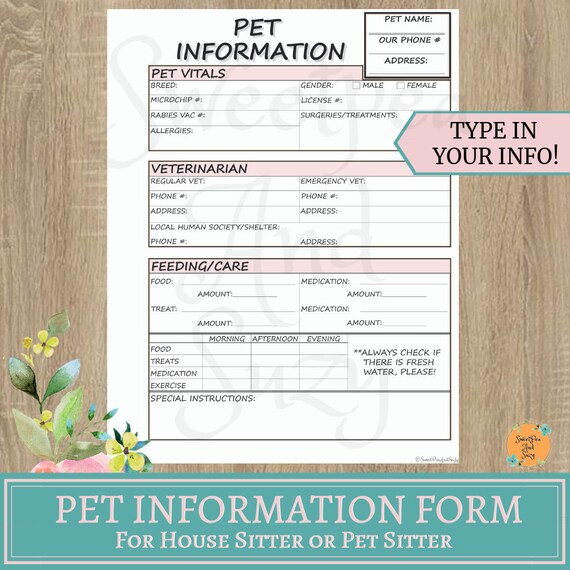 pet information form pet sitter dog walker house sitter etsy