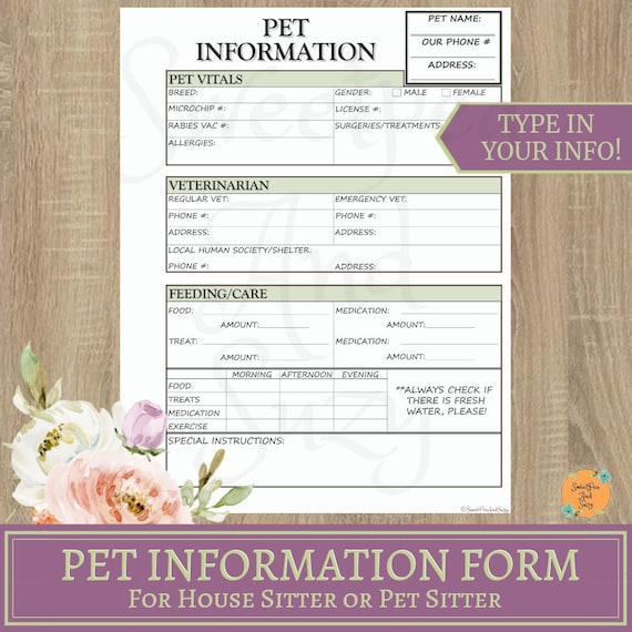 pet information form pet sitter dog walker house sitter etsy