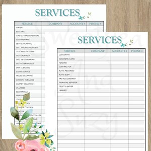 May include: A printable checklist for keeping track of service providers and their contact information. The checklist is divided into columns for service, company, account number, and phone number. The checklist is decorated with floral illustrations.