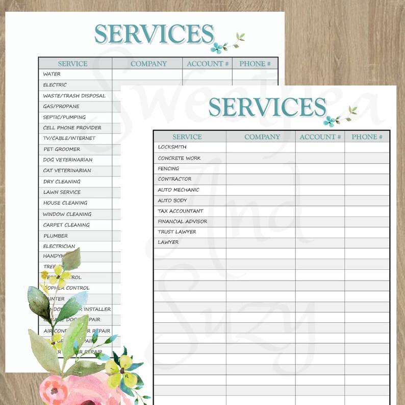 May include: A printable checklist for keeping track of service providers and their contact information. The checklist is divided into columns for service, company, account number, and phone number. The checklist is decorated with floral illustrations.