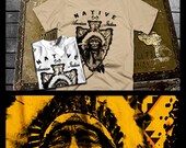 Native American Warrior in patterned Arrowhead with mini tomahawk t-shirt