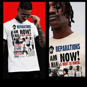 Herstelbetalingen t-shirt Black History Month schuld voor slavernij mensenrechtenschendingen Marcus Garvey Malcolm X Angela Davis Huey P Black Pride tee