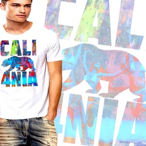 California CALI4NIA T-Shirt Cali Bear Colorful Beach Life Collage Men Cotton Tee